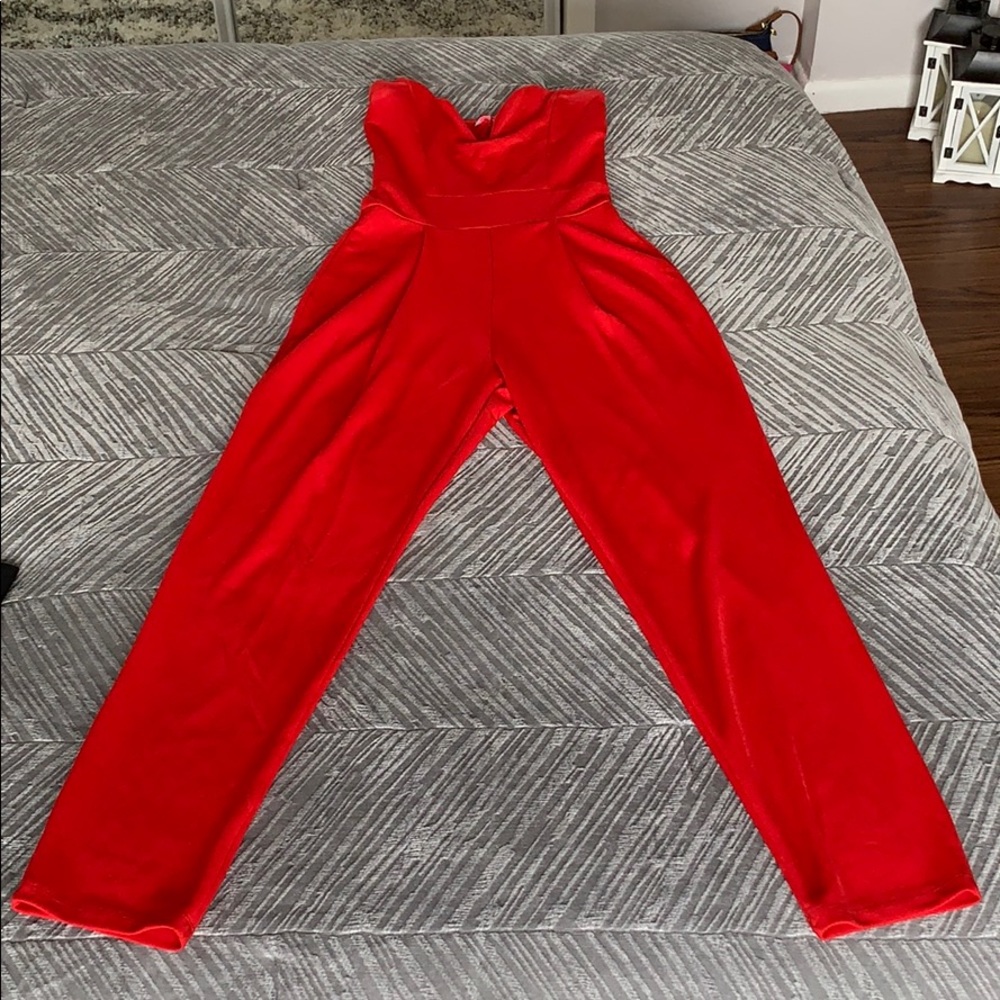 Red strapless jumpsuit